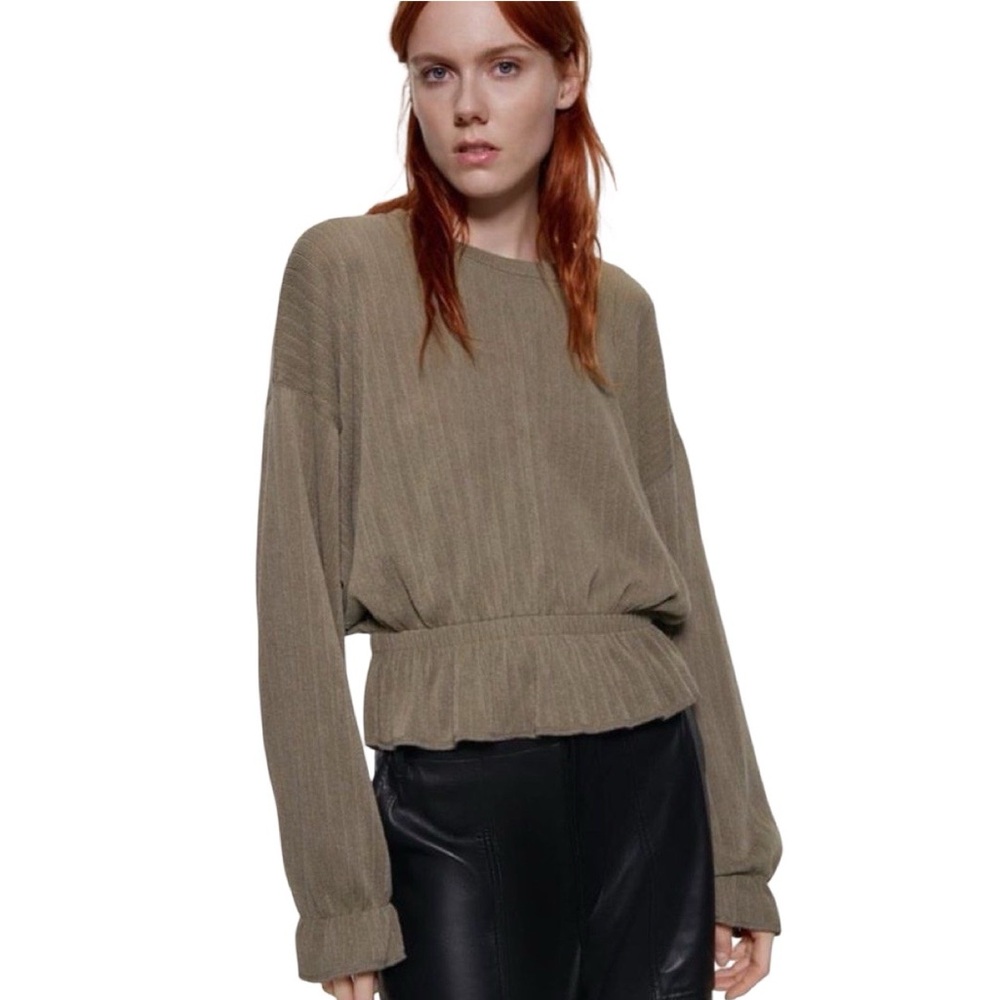 Zara Peplum Hem Ribbed Sweater - Olive Green